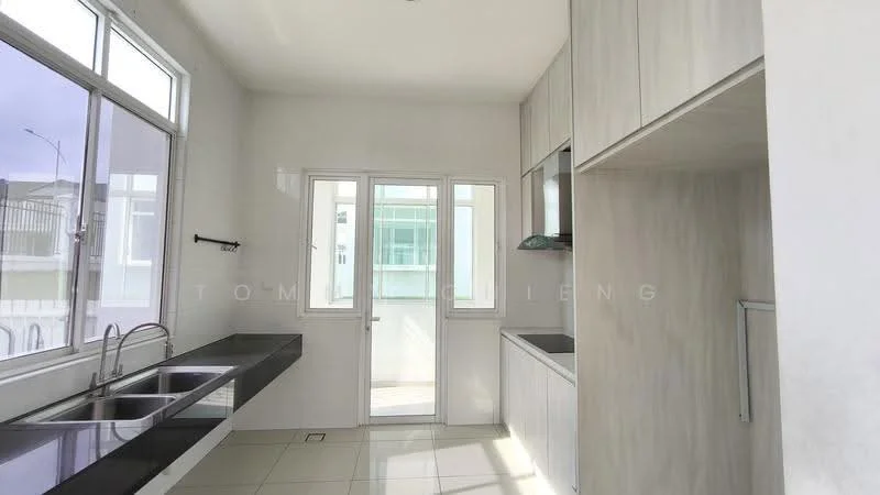 Kitchen features: double-bowl stainless-steel sink, chrome pull-down faucet, black countertop, white cabinetry, built-in oven, stainless-steel range hood, ceramic tile flooring, large windows for natural light, sliding glass door, wall-mounted storage, neutral wall color, open layout, utility area; style: modern; view: garden.