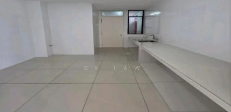 Kitchen features: white painted walls, large format tile flooring, single-bowl stainless-steel sink, chrome pull-down faucet, white countertop, built-in cabinetry, open layout, large window for natural light; style: modern.