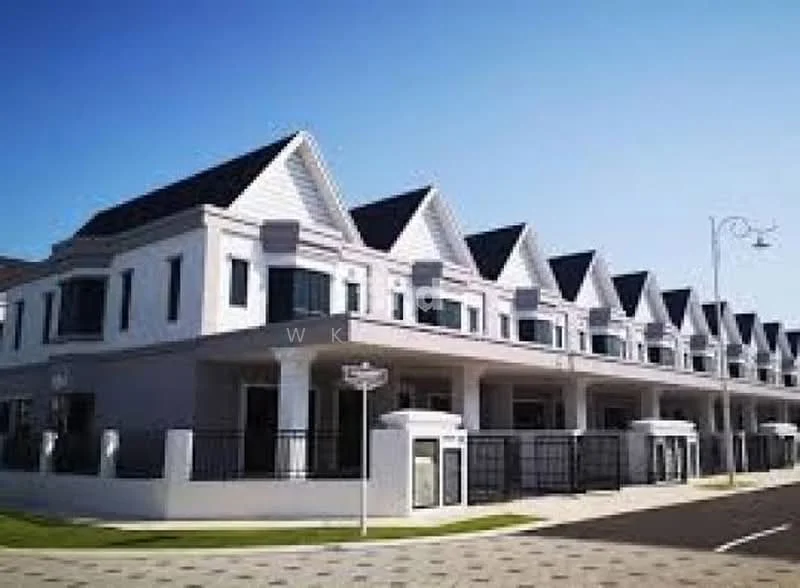Exterior type: linked terrace house; features: white painted facade, grey accent walls, pitched tile roof, multiple storeys, manicured lawn, paved walkway, black wrought iron fencing, street lamp, front porch, balconies on upper floors; style: modern.