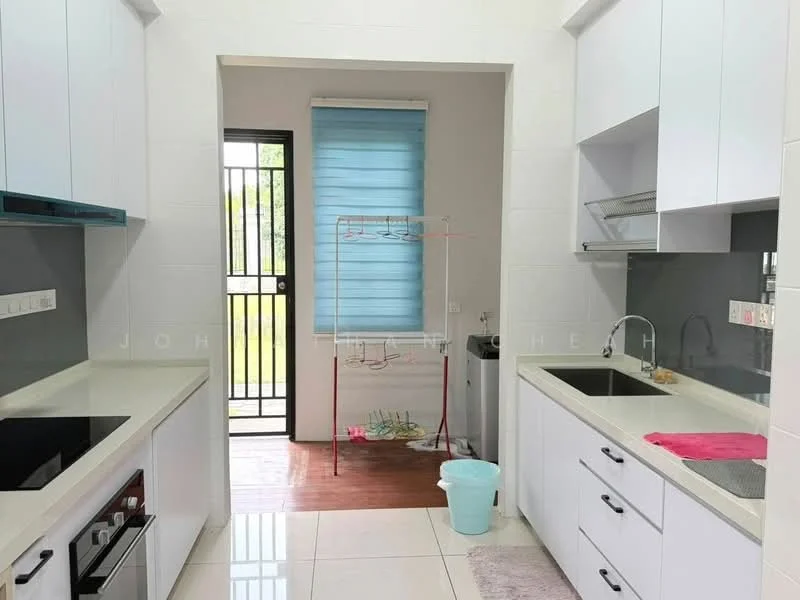 Kitchen features: white cabinetry, grey countertop, single-bowl stainless-steel sink, chrome pull-down faucet, built-in oven, induction hob, ceramic tile flooring, window with blue blinds, open shelving, dish rack, refrigerator, wall-mounted storage, light-colored walls, door leading outside; style: modern; view: garden.