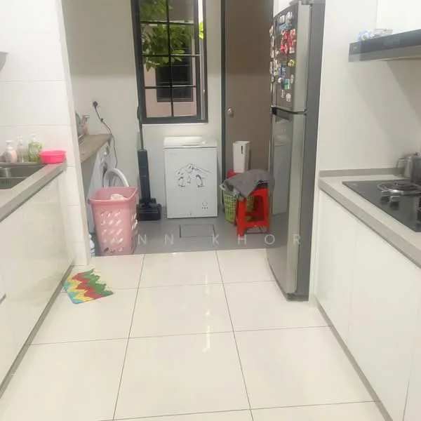 Kitchen features: white cabinets, grey countertop, stainless-steel fridge, built-in washing machine, ceramic tile flooring, single-bowl stainless-steel sink, chrome pull-down faucet, window with black grille, colorful mat, open shelving, dish rack, kitchen utensils on countertop; style: modern.