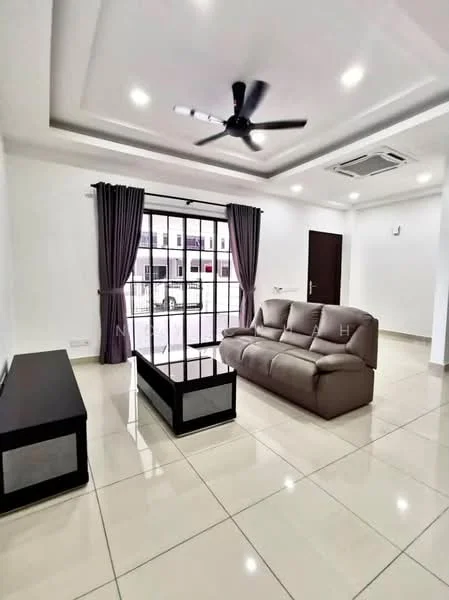Living features: cream painted walls, white ceiling with recessed lighting, 5-blade ceiling fan, floor-to-ceiling windows, grey fabric sofa, coffee table, TV console, curtains, glossy tile flooring, air conditioning unit; style: modern; view: street.