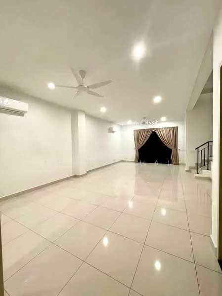 Living features: white painted walls, polished ceramic tile flooring, 5-blade ceiling fan with light, recessed LED downlights, curtains, air conditioning unit, staircase, large window; style: modern.