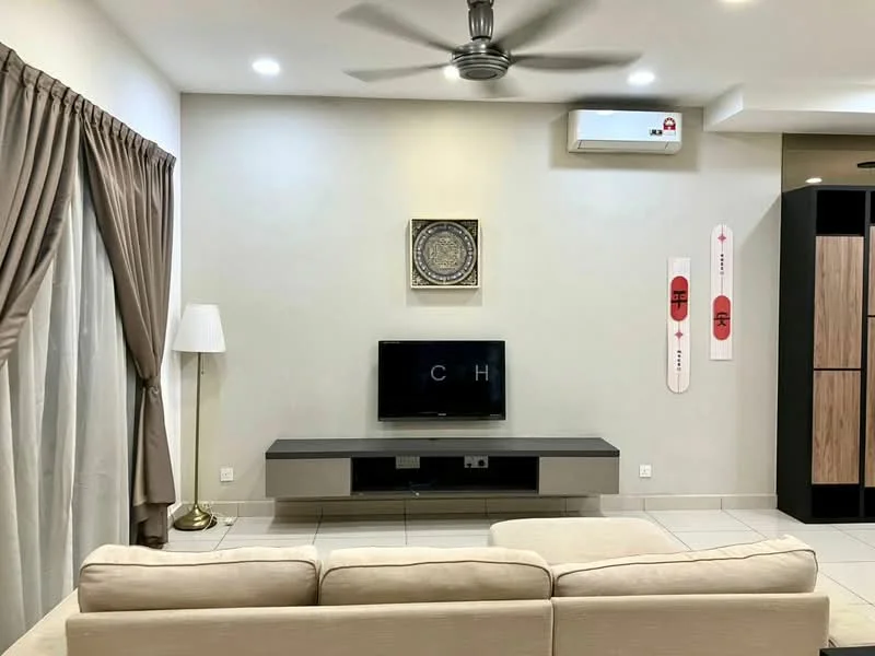 Living features: beige fabric sofa, coffee table, wall-mounted TV, TV console, 5-blade ceiling fan, recessed LED downlights, cream painted walls, tile flooring, curtains, air conditioning unit; style: modern.