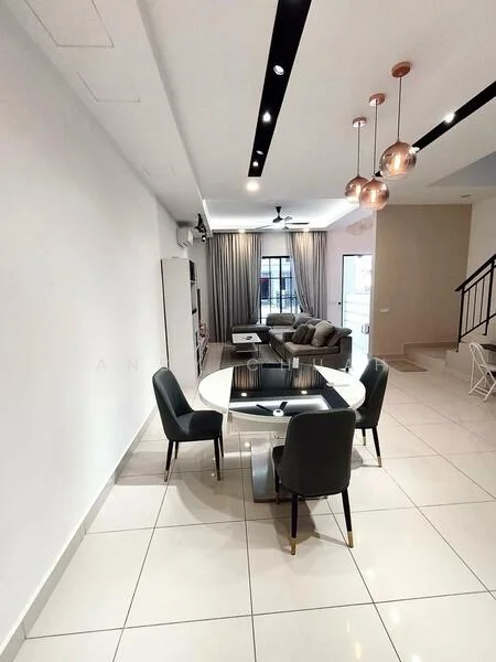 Living features: white painted walls, grey tiled flooring, recessed downlights, 5-blade ceiling fan, sofa in beige, coffee table, TV console, floor-to-ceiling windows with sheer curtains, dining table with round white top, black dining chairs, decorative pendant lights, curtains, open layout; style: modern.