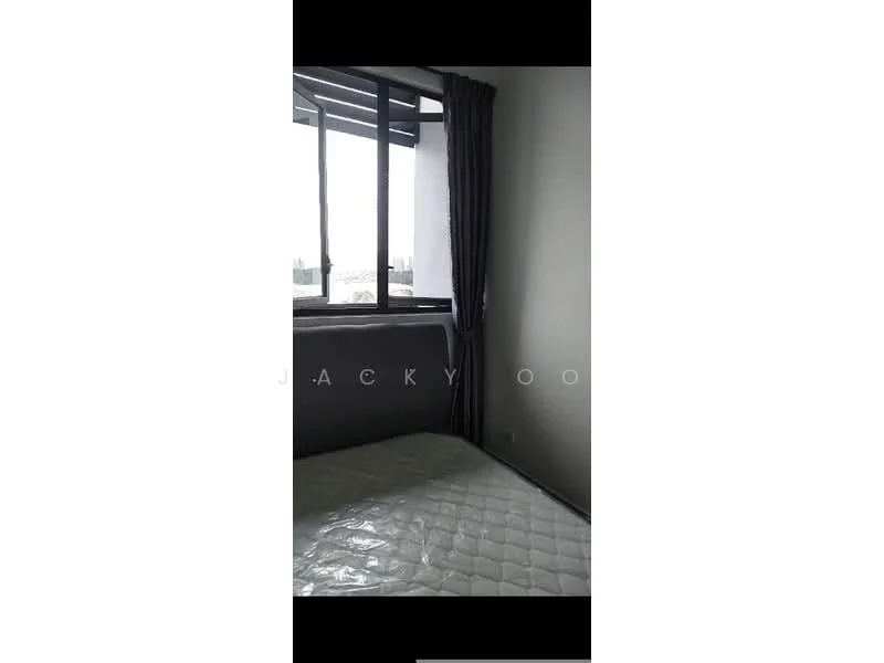 Bedroom features: grey painted walls, floor-to-ceiling windows, blackout curtains, vinyl plank flooring, queen-size bed, decorative throw pillows, bedside lamp, built-in wardrobe; style: modern; view: city.