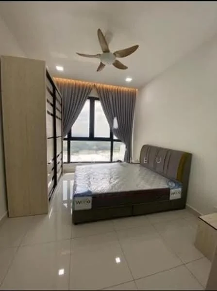 Bedroom features: queen-size bed, upholstered headboard, floor-to-ceiling windows, grey curtains, ceiling fan with 5 blades, white painted walls, glossy tile flooring, built-in wardrobe with sliding doors, nightstand, decorative wall lighting; style: modern; view: city.