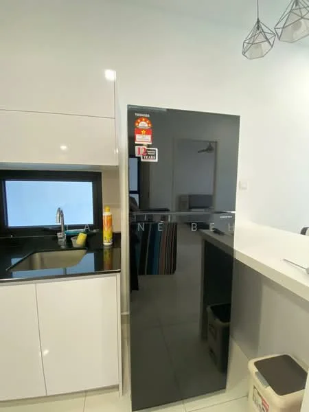 Kitchen features: black refrigerator, single-bowl stainless-steel sink, chrome pull-down faucet, black granite countertop, white cabinetry, white backsplash, pendant lighting, tile flooring; style: modern.