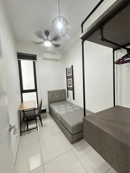 Bedroom features: single bed with grey upholstery, wooden study desk, black ceiling fan with light, floor-to-ceiling window, white painted walls, glossy white tile flooring, built-in wardrobe with hanging space, decorative wall art, air conditioning unit; style: modern.
