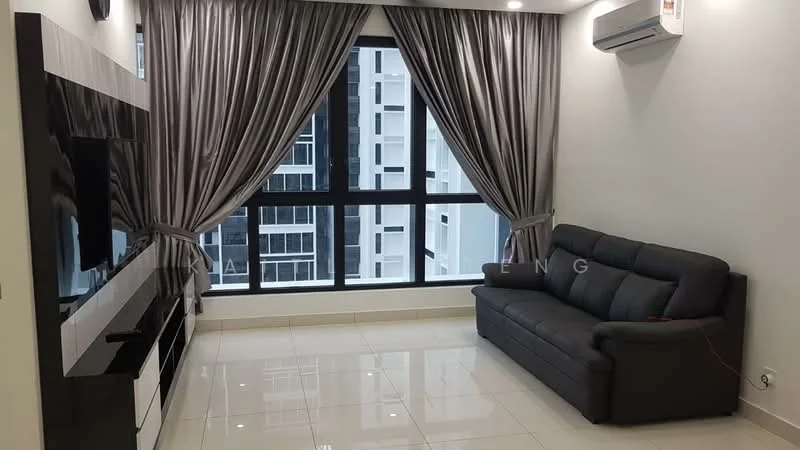 Living features: grey leather sofa, wall-mounted TV, black TV console, white painted walls, glossy tile flooring, floor-to-ceiling windows, sheer curtains, air conditioning unit, recessed downlights; style: modern; view: city.