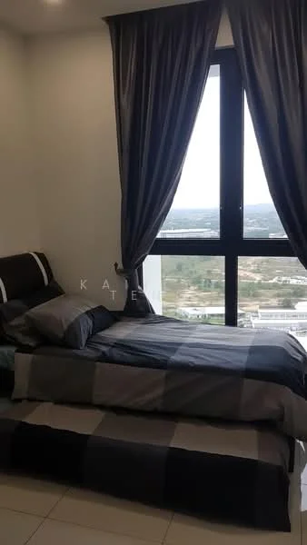 Bedroom features: single bed with grey bedding, upholstered headboard, floor-to-ceiling window, grey curtains, white painted walls, tile flooring, decorative throw pillows, bedside rug; style: modern; view: city.
