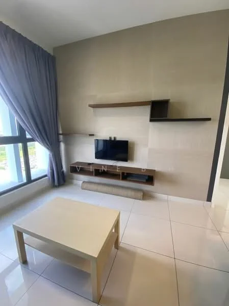 Living features: floor-to-ceiling windows, grey curtains, light-colored wall, wooden shelving unit, wall-mounted TV, white coffee table, glossy tile flooring, neutral color palette; style: modern; view: garden.