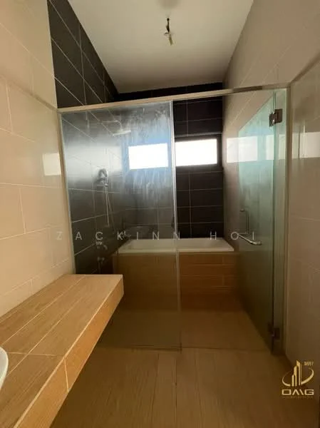 Bathroom features: glass shower enclosure, rain shower head, handheld shower, wall-mounted shower controls, tile cladding on walls, light-colored tile flooring, wooden bench, window for natural light; style: modern.