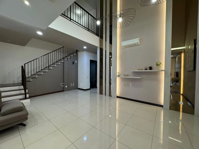 Living features: white painted walls, polished ceramic tile flooring, recessed downlights, 5-blade ceiling fan, staircase with metal railing, wall-mounted air conditioning unit, decorative wall paneling, open space layout; style: modern.