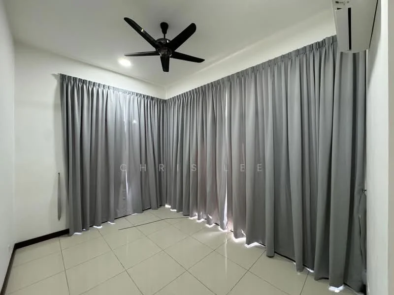 Room features: grey curtains, white painted walls, glossy tile flooring, ceiling fan with light, wall-mounted split AC, natural light from windows; style: modern.