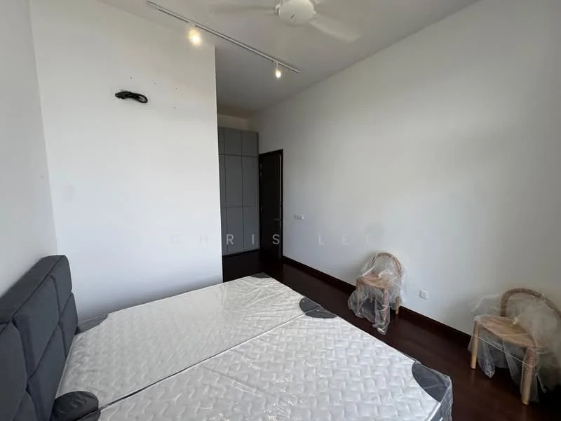 Bedroom features: grey upholstered bed frame, two single mattresses, wooden flooring, white painted walls, ceiling fan, built-in wardrobe, two wooden chairs, recessed lighting; style: modern.