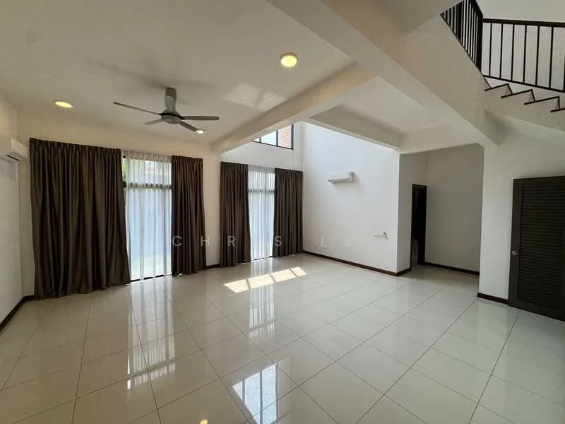 Living features: white painted walls, cream tiled flooring, 5-blade ceiling fan with light, floor-to-ceiling windows, sheer curtains, dark brown curtains, recessed downlights, high ceiling, open layout, air conditioning unit; style: modern.