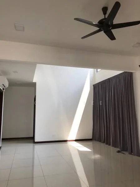 Room features: white painted walls, ceiling fan, recessed downlights, large window allowing natural light, grey curtains, glossy tile flooring, corner wall with shadow effect, open space layout; style: modern.