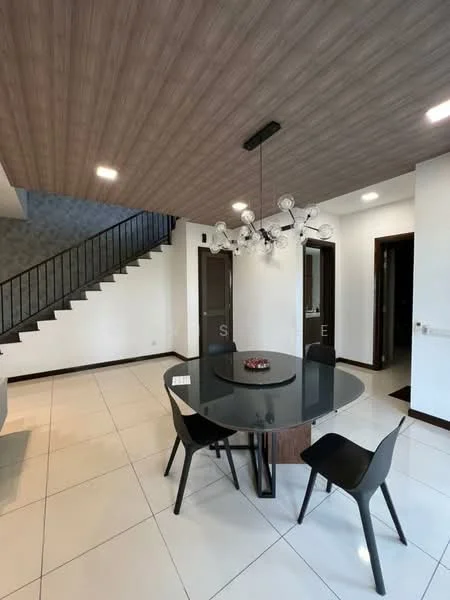 Dining features: round dining table, black dining chairs, chandelier with multiple bulbs, white walls, light-colored wood ceiling, glossy white tile flooring, staircase with black railing, decorative centerpiece on table; style: modern.