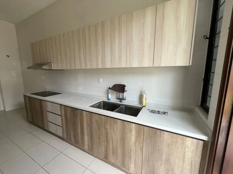 Kitchen features: light wood cabinetry, white quartz countertop, double-bowl stainless-steel sink, chrome pull-down faucet, built-in oven, ceramic tile flooring, white tiled backsplash, under-cabinet lighting, sliding window, kitchen island, open shelving; style: modern.