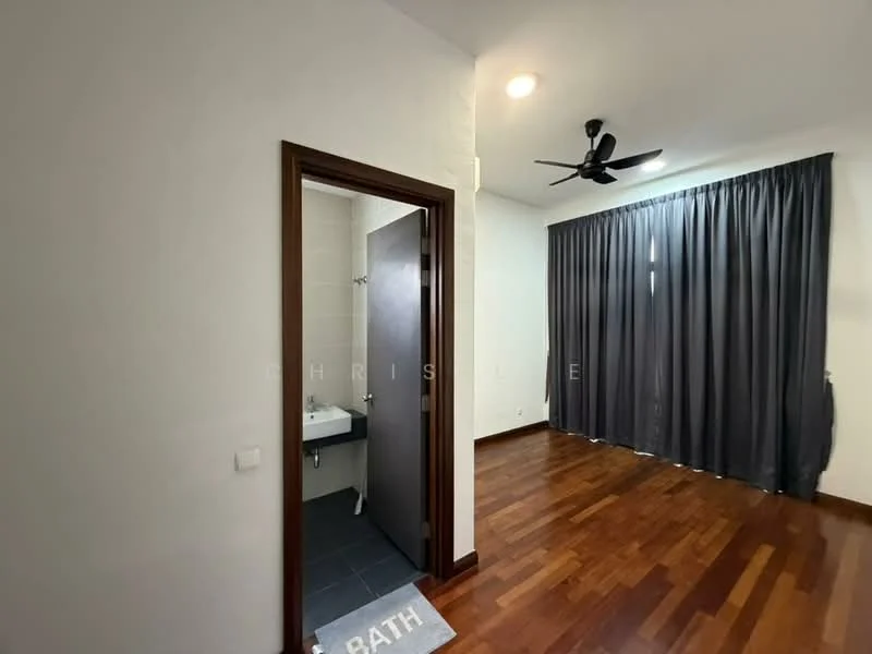 Room features: dark wood flooring, white painted walls, ceiling fan, floor-to-ceiling windows with dark curtains, doorway leading to bathroom, light ceiling lights; style: modern.