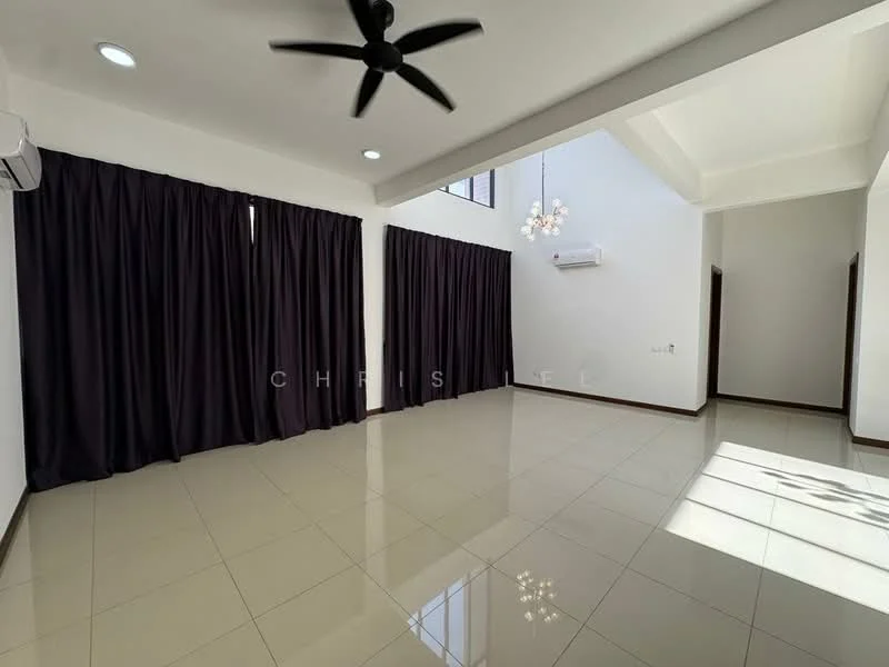 Living features: white painted walls, glossy ceramic tile flooring, 5-blade ceiling fan with light, large windows with sheer curtains, chandelier, air conditioning unit, recessed downlights, high ceiling; style: modern.
