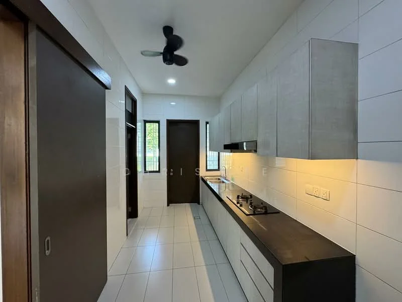 Kitchen features: grey cabinetry, black countertop, stainless-steel gas hob, built-in oven, single-bowl stainless-steel sink, chrome pull-down faucet, white tiled walls, white tiled flooring, ceiling fan, window with view to outside; style: modern.