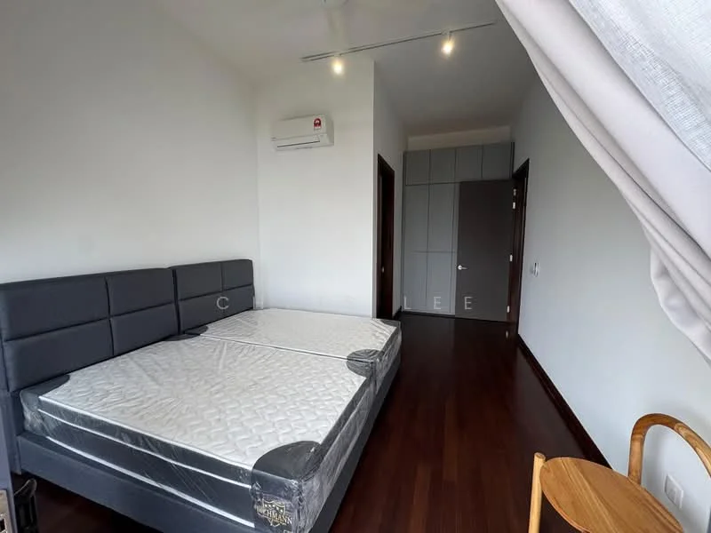 Bedroom features: king-size bed frame without mattress, wooden flooring, white painted walls, 1 wall-mounted split AC, built-in wardrobe with sliding doors, recessed downlights, ceiling fan, window with sheer curtains; style: modern.