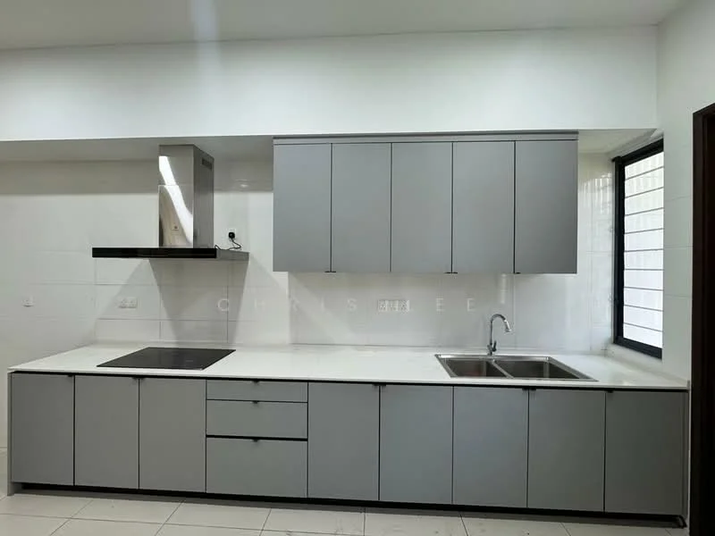 Kitchen features: grey flat-panel cabinets, white quartz countertop, double-bowl stainless-steel sink, chrome pull-down faucet, built-in induction cooktop, stainless-steel range hood, white tiled backsplash, floor-to-ceiling window, recessed downlights, ceramic tile flooring; style: modern.