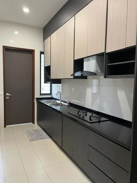 Kitchen features: black granite countertop, light wood cabinetry, dark wood cabinetry, built-in gas hob, stainless-steel range hood, single-bowl stainless-steel sink, chrome pull-down faucet, white tiled backsplash, tile flooring, recessed downlights, window for natural light, door leading to another room; style: modern.