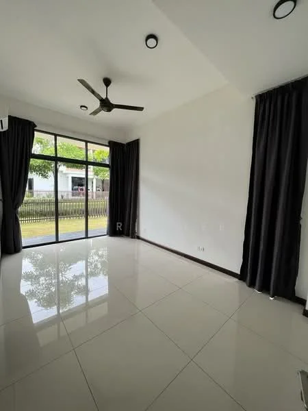 Living features: white painted walls, glossy ceramic tile flooring, 5-blade ceiling fan with light, floor-to-ceiling windows, blackout curtains, sliding glass door, natural light from windows, view of outdoor greenery; style: modern; view: garden.