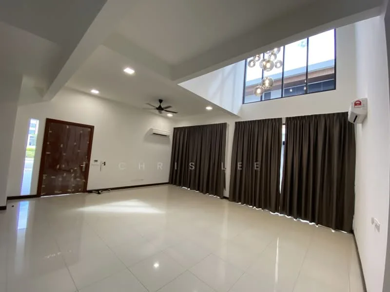 Living features: white painted walls, polished ceramic tile flooring, 5-blade ceiling fan with light, recessed downlights, floor-to-ceiling windows, dark brown curtains, wall-mounted air conditioning unit, wooden front door with glass panels; style: modern; view: garden.