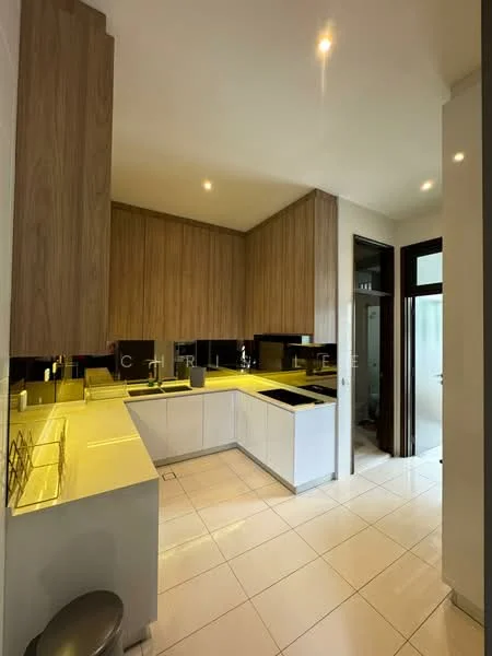 Kitchen features: white cabinetry, wooden upper cabinets, marble countertop, single-bowl stainless-steel sink, chrome pull-down faucet, built-in oven, freestanding range oven, ceramic tile flooring, recessed downlights, open shelving, backlit countertop, modern design; style: modern.