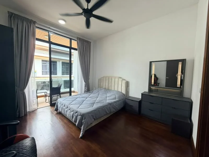 Bedroom features: king-size bed with upholstered headboard, wooden flooring, floor-to-ceiling windows, sheer curtains, 5-blade ceiling fan with light, built-in wardrobe, dressing table with mirror, dark wood dresser, chair, balcony view; style: modern; view: garden.