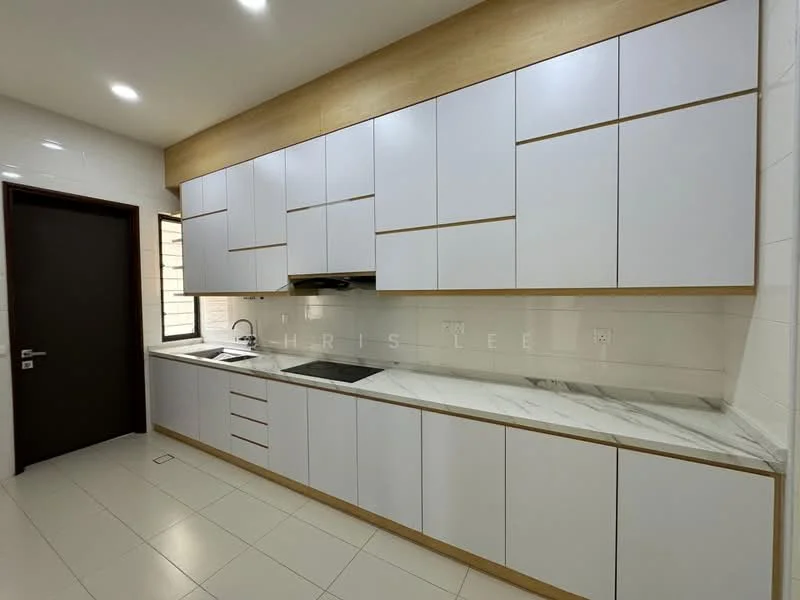 Kitchen features: white flat-panel cabinets, wood accent cabinetry, marble countertop, stainless-steel sink, chrome pull-down faucet, built-in stove, wall-mounted range hood, tile backsplash, recessed LED downlights, floor-to-ceiling window, light-colored tile flooring; style: modern.