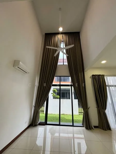 Living features: floor-to-ceiling windows, sliding glass door, 5-blade ceiling fan with light, cream painted walls, white tiled flooring, curtains in beige, air conditioning unit, high ceiling; style: modern; view: garden.