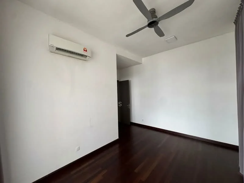 Room features: white painted walls, dark wood flooring, 1 wall-mounted split AC, ceiling fan, door, window treatments, minimalist decor; style: modern.