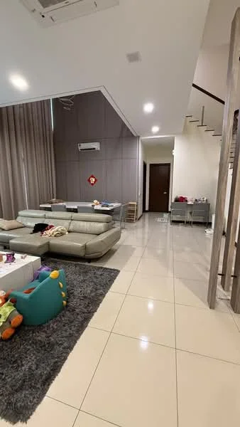 Living features: light grey leather sectional sofa, white coffee table, area rug with geometric pattern, wall-mounted air conditioning unit, recessed downlights, cream painted walls, large floor tiles, curtains, staircase with wooden railing, decorative wall paneling; style: modern. Hallway features: cream painted walls, large floor tiles, wooden door, decorative wall paneling, staircase with wooden railing; style: modern.