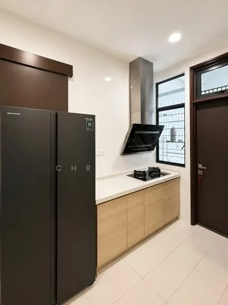 Kitchen features: black stainless-steel fridge, built-in oven, 2-burner gas hob, white quartz countertop, wood cabinetry, white tiled backsplash, single-bowl stainless-steel sink, exhaust hood, floor-to-ceiling window, recessed downlights, cream tiled flooring, dark wooden door; style: modern.