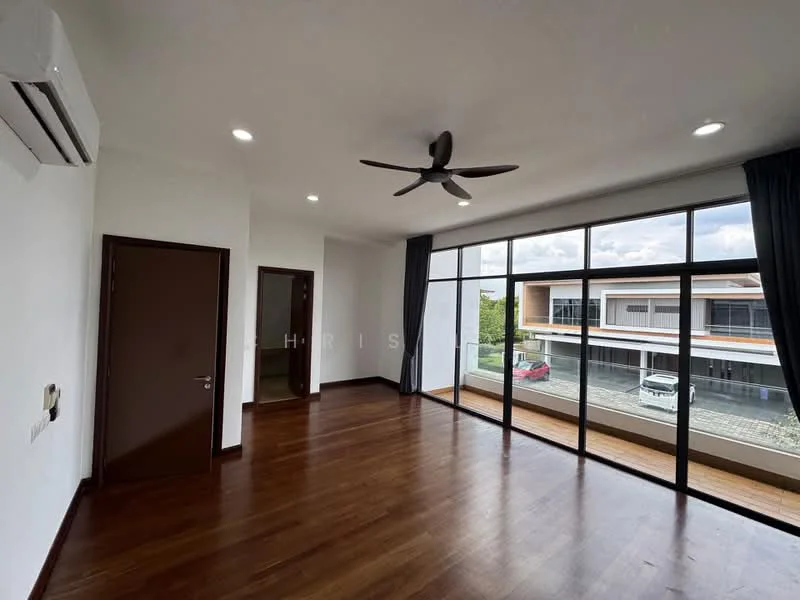 Living features: wooden flooring, white painted walls, 5-blade ceiling fan with light, floor-to-ceiling windows, sliding glass door, curtains, air conditioning unit, recessed downlights; style: modern; view: garden. Room features: door leading to another room.
