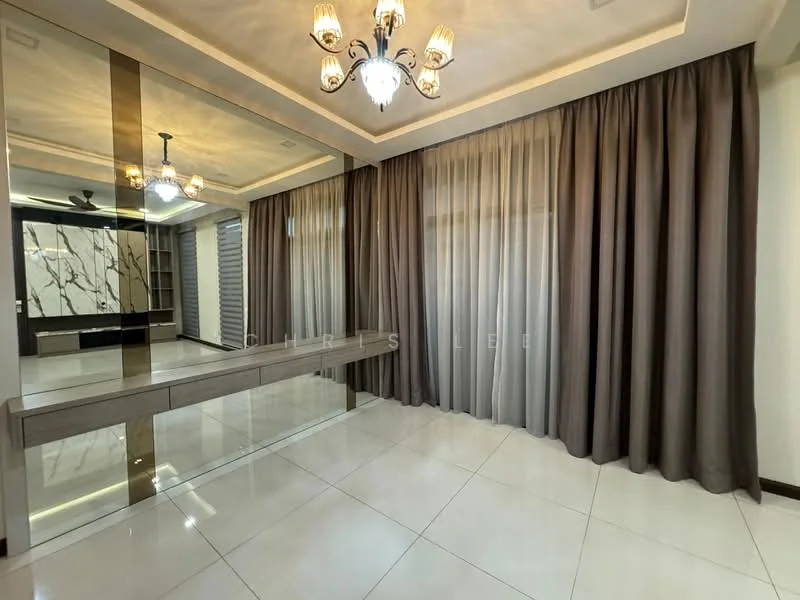 Room features: white tiled flooring, grey curtains, chandelier with multiple bulbs, mirror wall, recessed ceiling lights, crown moulding, built-in cabinetry, neutral wall colour; style: modern.