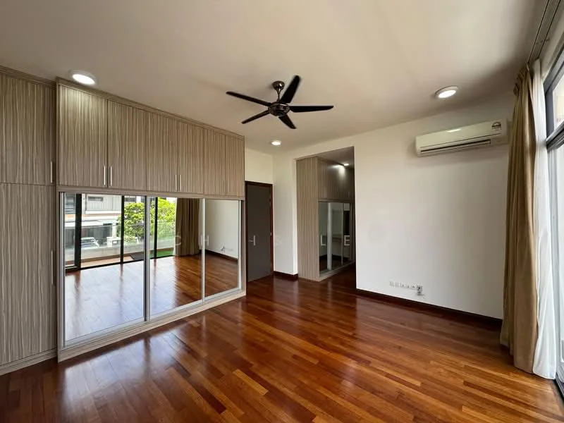 Bedroom features: wooden flooring, 5-blade ceiling fan with light, built-in wardrobe with mirrored doors, large window with sheer curtains, air conditioning unit, neutral painted walls, recessed downlights, balcony access; style: modern; view: garden.