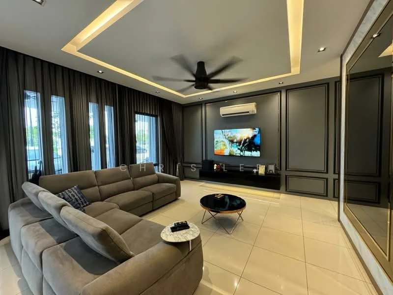 Living features: 3-seater fabric sofa in grey, coffee table, wall-mounted TV, entertainment unit, recessed downlights, 5-blade ceiling fan, floor-to-ceiling windows with sheer curtains, polished tile flooring, decorative mirror, crown moulding on ceiling, air conditioning unit; style: modern.