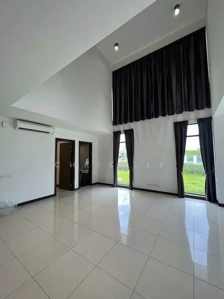 Room features: high ceiling, white painted walls, large windows, blackout curtains, wall-mounted split AC, glossy tile flooring, recessed downlights, doorway leading to another room; style: modern; view: garden.