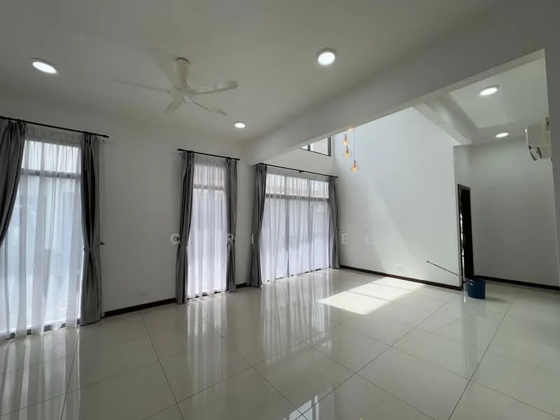 Living features: white painted walls, glossy ceramic tile flooring, 5-blade ceiling fan with light, floor-to-ceiling windows, sheer curtains, recessed LED downlights, hanging pendant lights, air conditioning unit; style: modern.