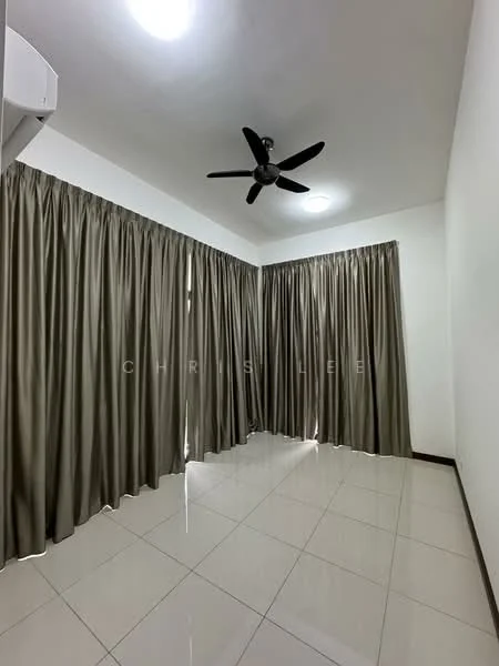 Room features: white painted walls, glossy ceramic tile flooring, 5-blade ceiling fan, recessed ceiling lights, floor-to-ceiling curtains in beige, air conditioning unit on wall; style: modern.