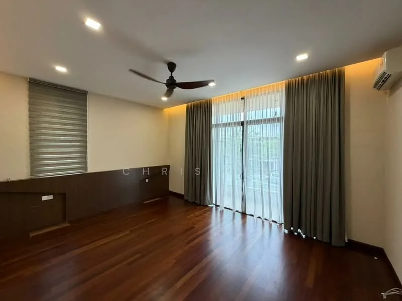 Living features: wooden flooring, white painted walls, ceiling fan, floor-to-ceiling windows, sheer curtains, sliding glass door, wall-mounted split AC, recessed downlights, wood panel feature wall, natural light from windows; style: modern; view: garden.