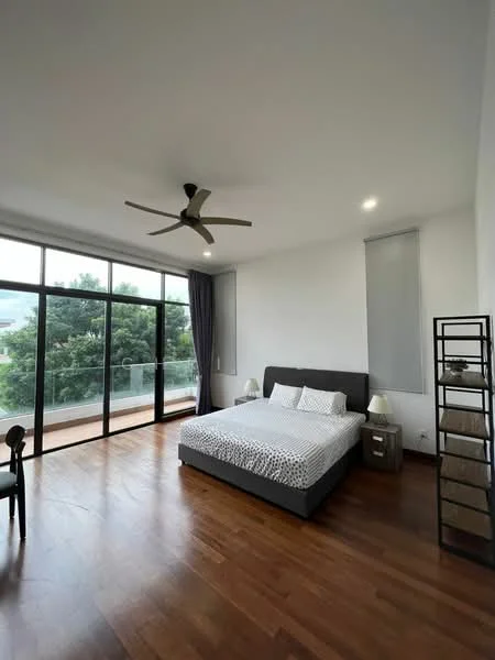 Bedroom features: king-size bed with grey upholstered headboard, 2 bedside lamps, wooden flooring, 5-blade ceiling fan with light, floor-to-ceiling windows, sliding glass door, curtains, decorative shelving unit, balcony view; style: modern; view: garden.