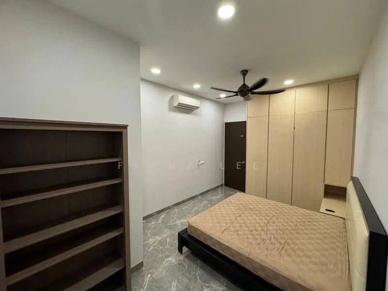 Bedroom features: queen-size bed, wooden headboard, built-in wardrobe with sliding doors, open shelving unit, marble tile flooring, white painted walls, 5-blade ceiling fan, wall-mounted split AC, recessed downlights; style: modern.