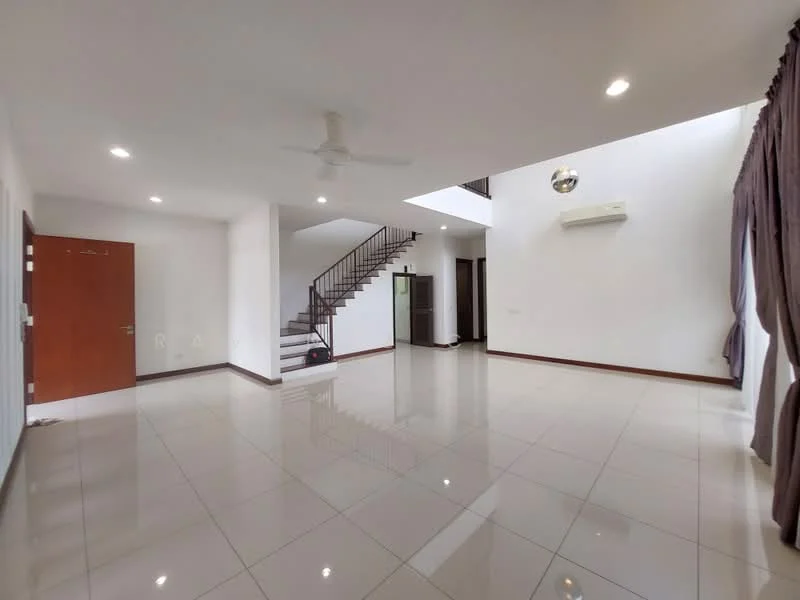 Living features: white painted walls, glossy ceramic tile flooring, 5-blade ceiling fan with light, recessed downlights, large windows with sheer curtains, open layout, staircase with wooden railing, air conditioning unit, door leading to another room, decorative mirror, neutral color scheme; style: modern.